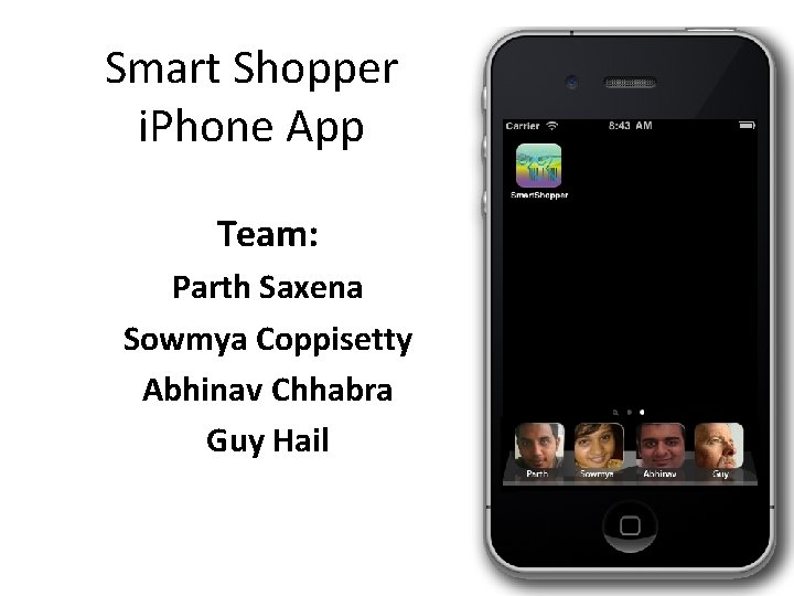 Smart Shopper i. Phone App Team: Parth Saxena Sowmya Coppisetty Abhinav Chhabra Guy Hail