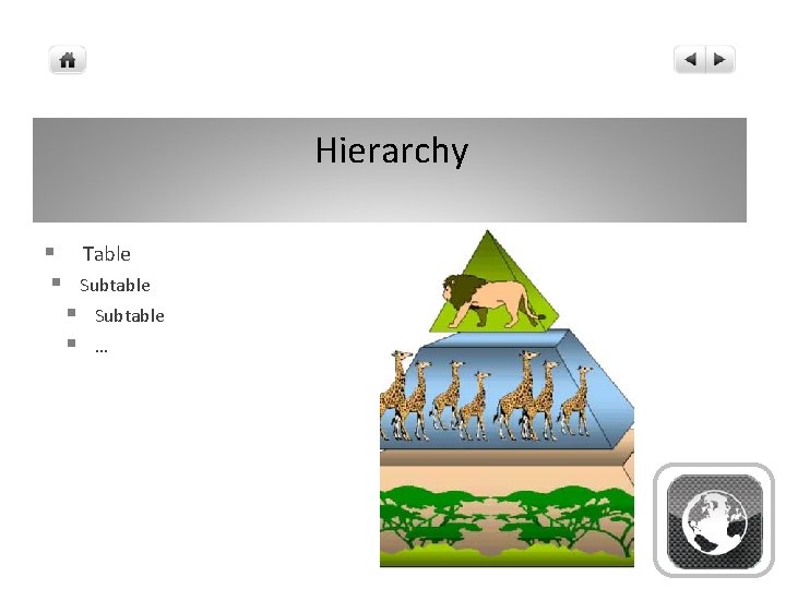 Hierarchy § Table § Subtable § § Subtable … 