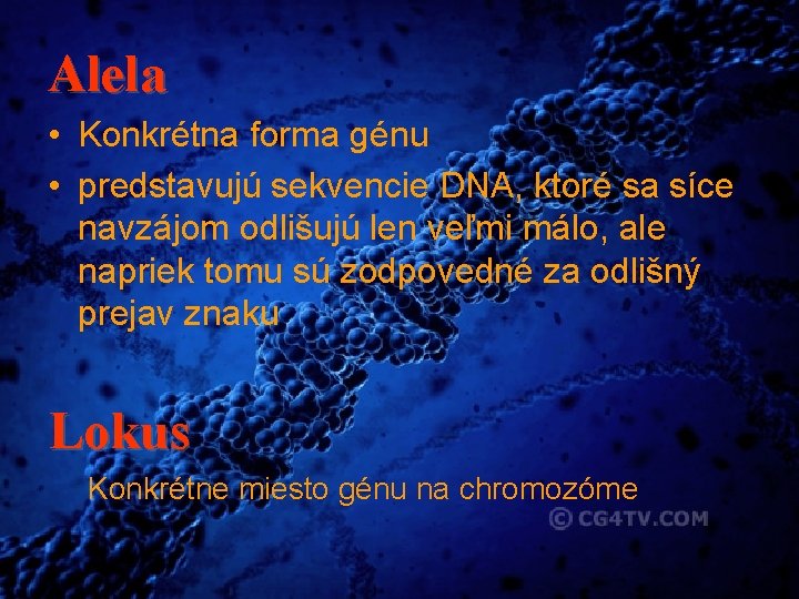 Alela • Konkrétna forma génu • predstavujú sekvencie DNA, ktoré sa síce navzájom odlišujú