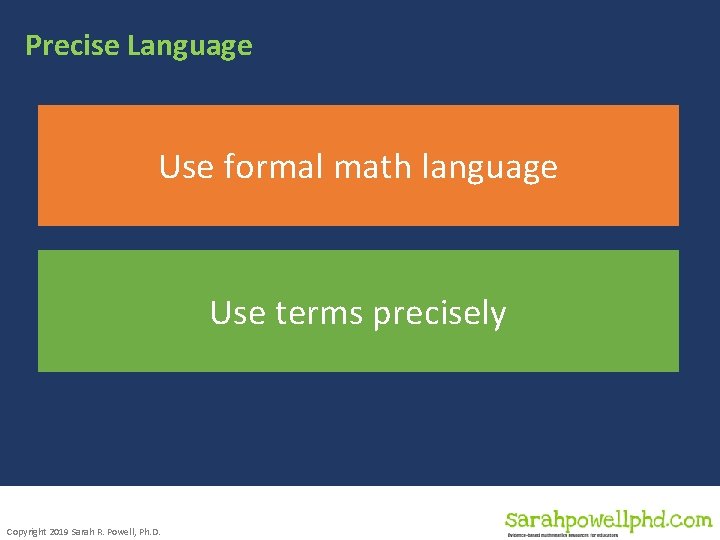 Precise Language Use formal math language concise Use terms precisely Copyright 2019 Sarah R. Precise Language Use formal math language concise Use terms precisely Copyright 2019 Sarah R.
