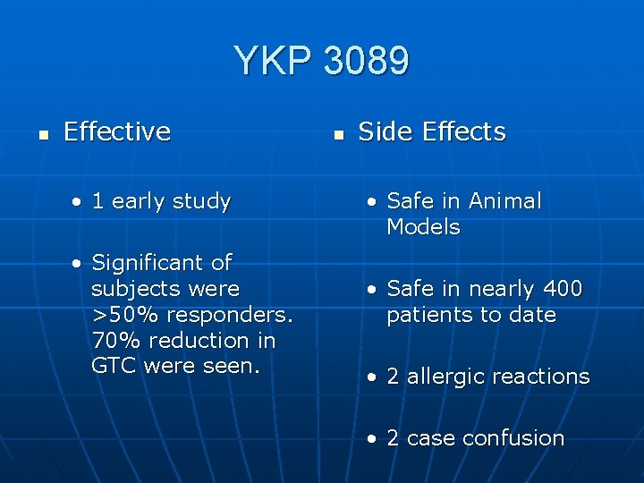 YKP 3089 n Effective • 1 early study • Significant of subjects were >50% YKP 3089 n Effective • 1 early study • Significant of subjects were >50%