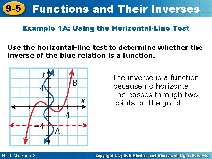 9 -5 Functions and Their Inverses Example 1 A: Using the Horizontal-Line Test Use