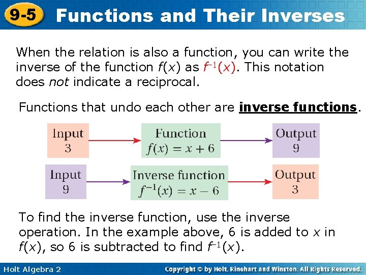 9 -5 Functions and Their Inverses When the relation is also a function, you