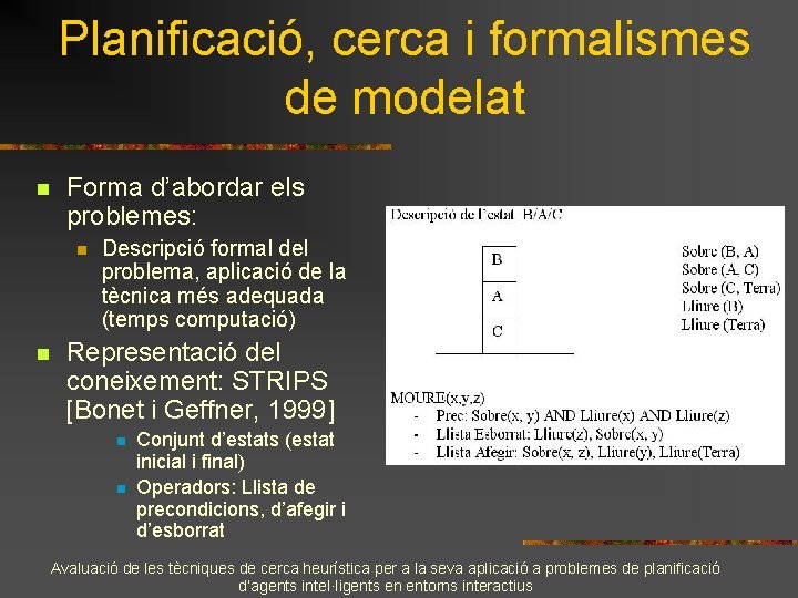 Planificació, cerca i formalismes de modelat n Forma d’abordar els problemes: n n Descripció