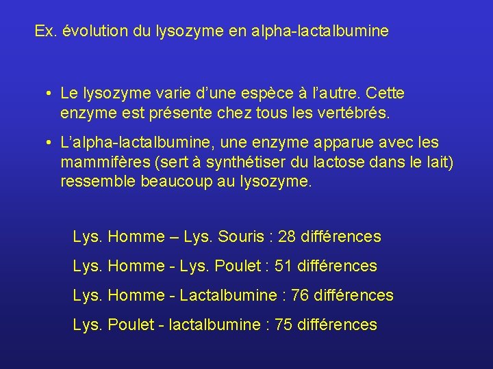 Ex. évolution du lysozyme en alpha-lactalbumine • Le lysozyme varie d’une espèce à l’autre.