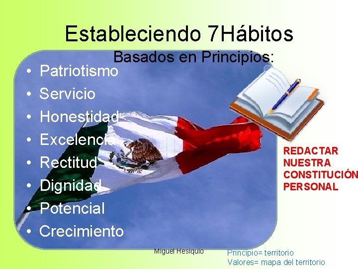 Estableciendo 7 Hábitos • • Basados en Principios: Patriotismo Servicio Honestidad Excelencia Rectitud Dignidad