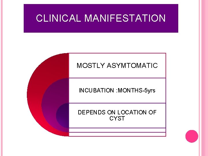 CLINICAL MANIFESTATION MOSTLY ASYMTOMATIC INCUBATION : MONTHS-5 yrs DEPENDS ON LOCATION OF CYST 14