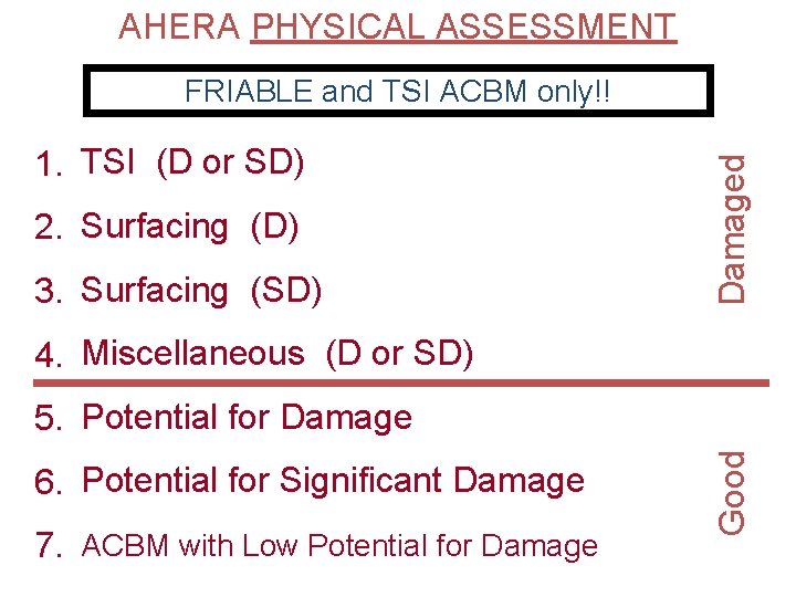 AHERA PHYSICAL ASSESSMENT 1. TSI (D or SD) 2. Surfacing (D) 3. Surfacing (SD)