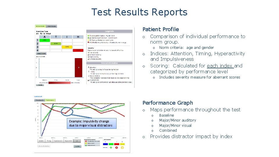 Test Results Reports Patient Profile o Comparison of individual performance to norm group. o