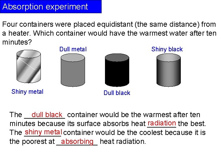 Absorption experiment Four containers were placed equidistant (the same distance) from a heater. Which