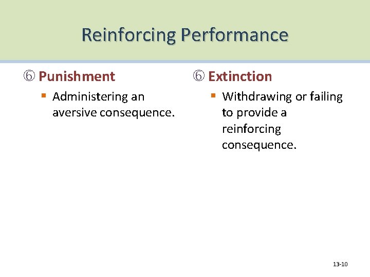 Reinforcing Performance Punishment § Administering an aversive consequence. Extinction § Withdrawing or failing to