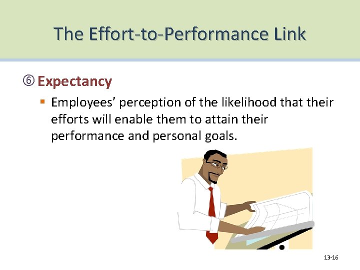 The Effort-to-Performance Link Expectancy § Employees’ perception of the likelihood that their efforts will