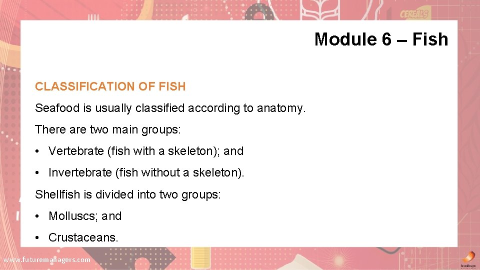 Module 6 – Fish CLASSIFICATION OF FISH Seafood is usually classified according to anatomy. Module 6 – Fish CLASSIFICATION OF FISH Seafood is usually classified according to anatomy.