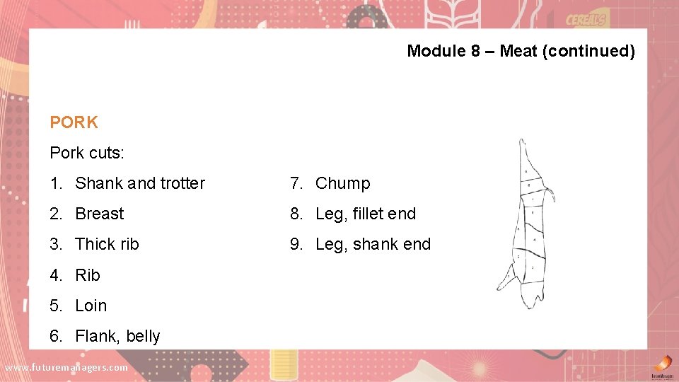 Module 8 – Meat (continued) PORK Pork cuts: 1. Shank and trotter 7. Chump Module 8 – Meat (continued) PORK Pork cuts: 1. Shank and trotter 7. Chump