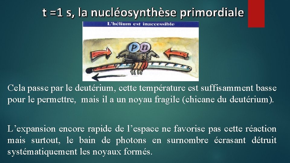 t =1 s, la nucléosynthèse primordiale Cela passe par le deutérium, cette température est