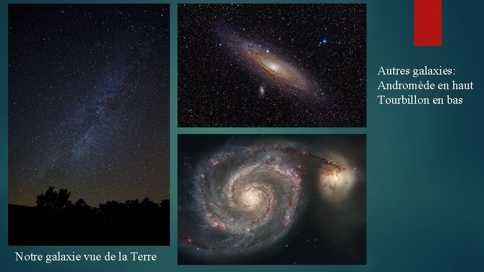 Autres galaxies: Andromède en haut Tourbillon en bas Notre galaxie vue de la Terre