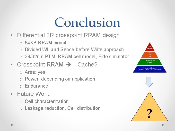 Conclusion • Differential 2 R crosspoint RRAM design o 64 KB RRAM circuit o