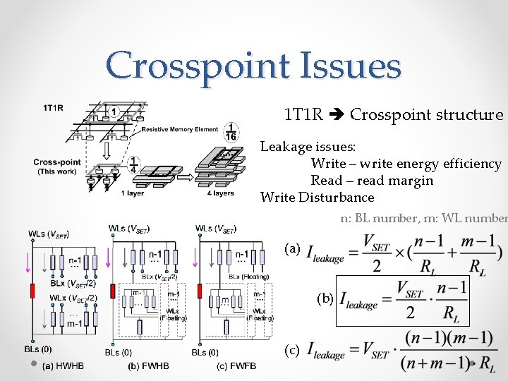 Crosspoint Issues 1 T 1 R Crosspoint structure Leakage issues: Write – write energy