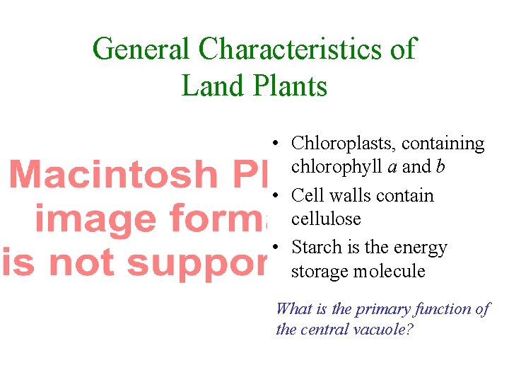 General Characteristics of Land Plants • Chloroplasts, containing chlorophyll a and b • Cell