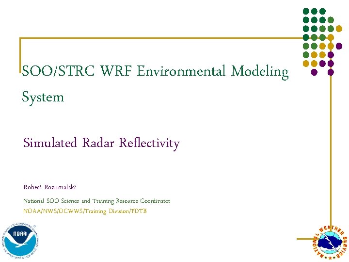 SOO/STRC WRF Environmental Modeling System Simulated Radar Reflectivity Robert Rozumalski National SOO Science and