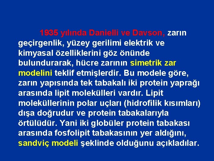 1935 yılında Danielli ve Davson, zarın geçirgenlik, yüzey gerilimi elektrik ve kimyasal özelliklerini göz