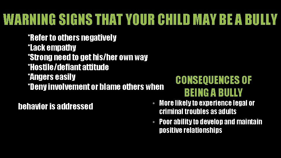WARNING SIGNS THAT YOUR CHILD MAY BE A BULLY *Refer to others negatively *Lack