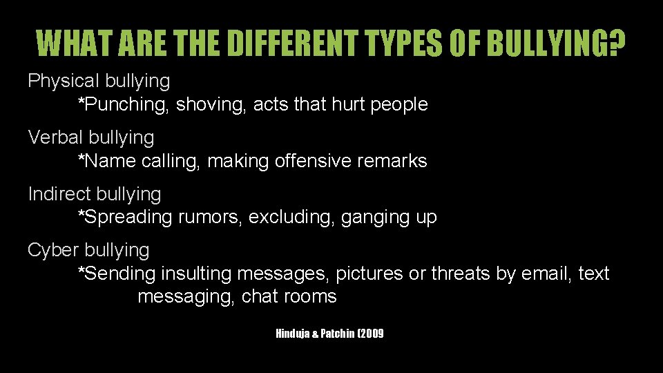 WHAT ARE THE DIFFERENT TYPES OF BULLYING? Physical bullying *Punching, shoving, acts that hurt