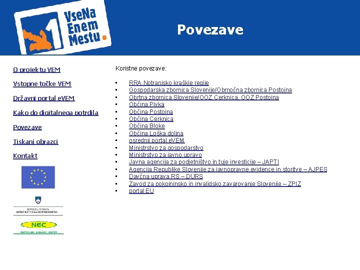 Povezave O projektu VEM Koristne povezave: Vstopne točke VEM • • • • Državni