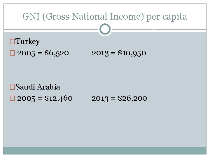 GNI (Gross National Income) per capita �Turkey � 2005 = $6, 520 2013 =