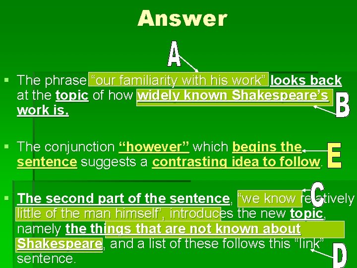 Answer § The phrase “our familiarity with his work” looks back at the topic