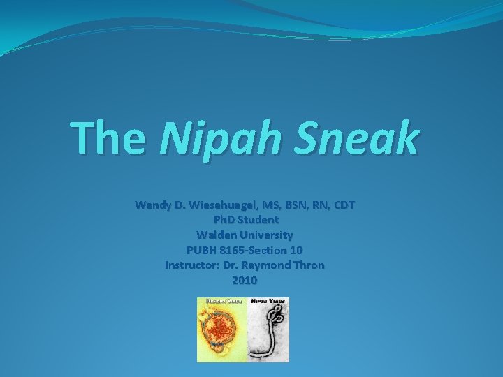 The Nipah Sneak Wendy D. Wiesehuegel, MS, BSN, RN, CDT Ph. D Student Walden