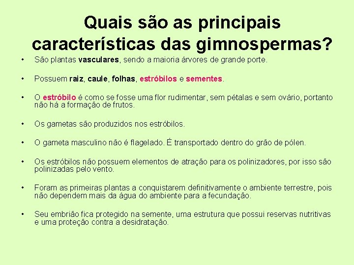 Quais são as principais características das gimnospermas? • São plantas vasculares, sendo a maioria