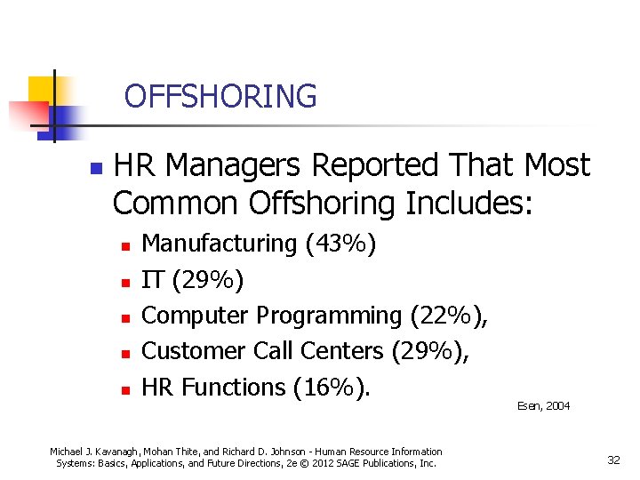 OFFSHORING n HR Managers Reported That Most Common Offshoring Includes: n n n Manufacturing