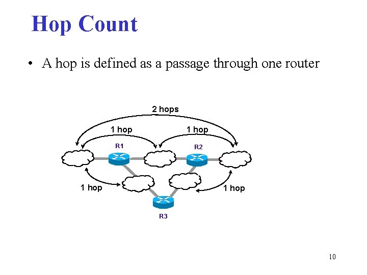Hop Count • A hop is defined as a passage through one router 2