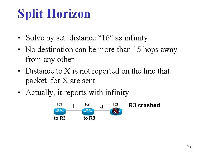 Split Horizon • Solve by set distance “ 16” as infinity • No destination