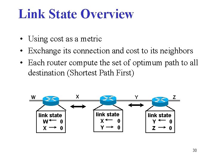 Link State Overview • Using cost as a metric • Exchange its connection and