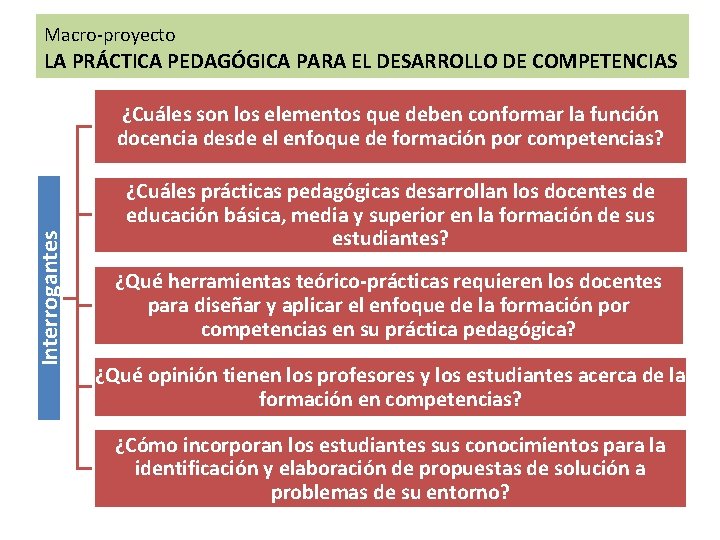 Macro-proyecto LA PRÁCTICA PEDAGÓGICA PARA EL DESARROLLO DE COMPETENCIAS Interrogantes ¿Cuáles son los elementos