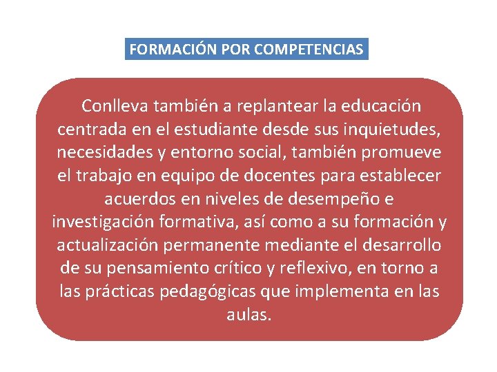 FORMACIÓN POR COMPETENCIAS Conlleva también a replantear la educación centrada en el estudiante desde