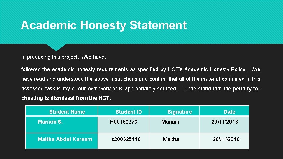 Academic Honesty Statement In producing this project, I/We have: followed the academic honesty requirements