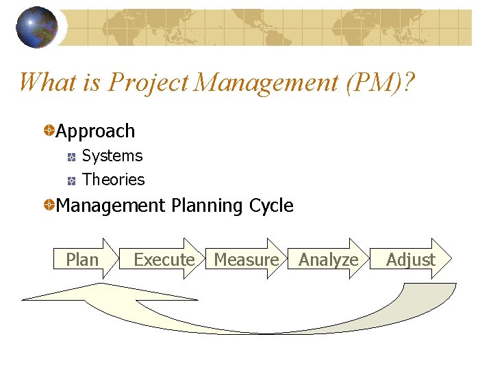 What is Project Management (PM)? Approach Systems Theories Management Planning Cycle Plan Execute Measure