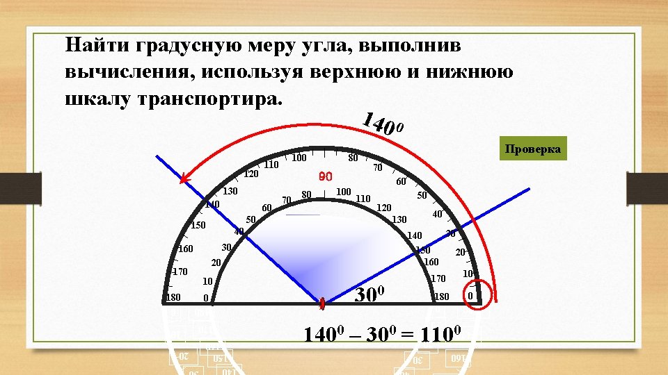 Найти градусную меру угла, выполнив вычисления, используя верхнюю и нижнюю шкалу транспортира. 140 0