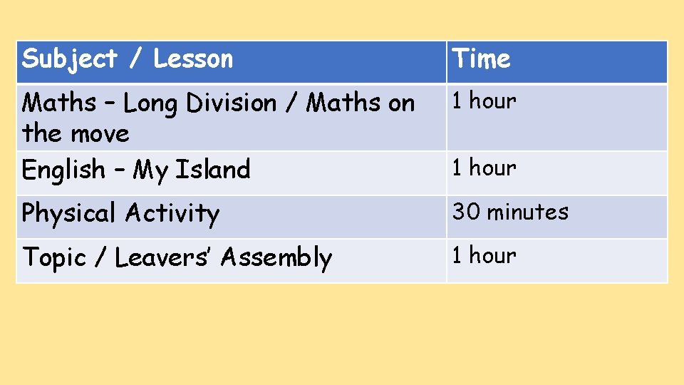 Subject / Lesson Time Maths – Long Division / Maths on the move English