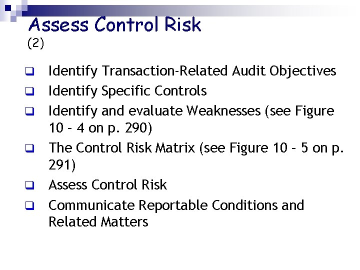 Assess Control Risk (2) q q q Identify Transaction-Related Audit Objectives Identify Specific Controls