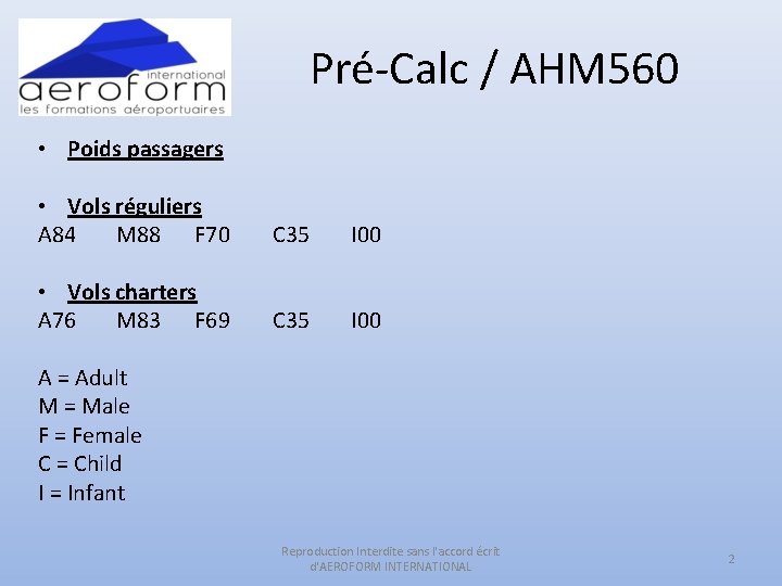 Pré-Calc / AHM 560 • Poids passagers • Vols réguliers A 84 M 88