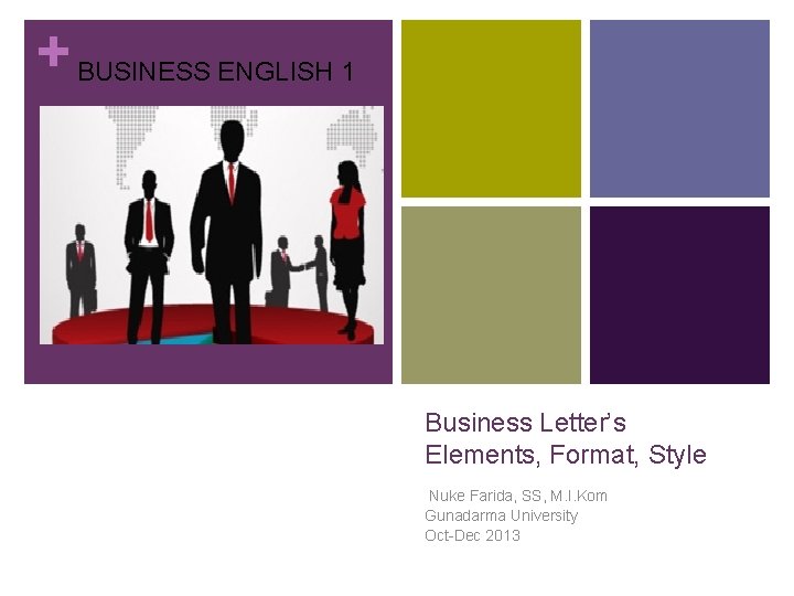 + BUSINESS ENGLISH 1 Business Letter’s Elements, Format, Style Nuke Farida, SS, M. I.