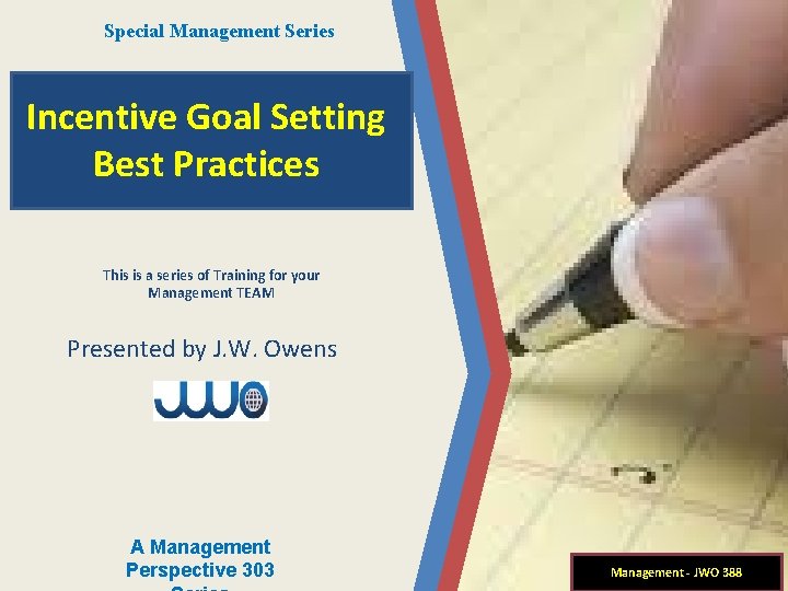 Special Management Series Incentive Goal Setting Best Practices This is a series of Training
