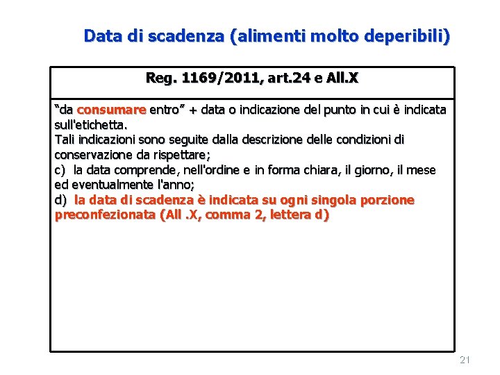 Data di scadenza (alimenti molto deperibili) Reg. 1169/2011, art. 24 e All. X “da