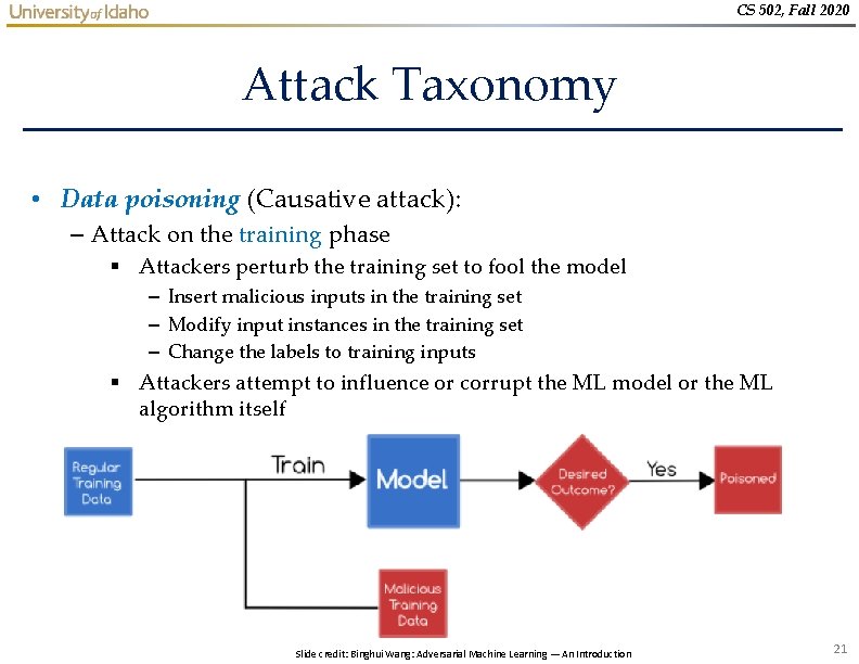 CS 502, Fall 2020 Attack Taxonomy • Data poisoning (Causative attack): – Attack on CS 502, Fall 2020 Attack Taxonomy • Data poisoning (Causative attack): – Attack on