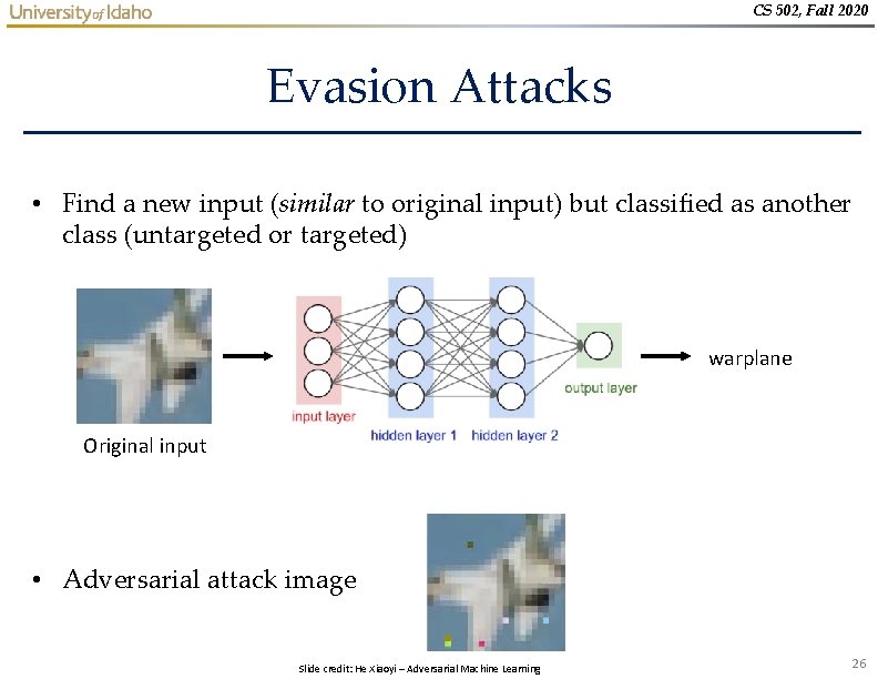 CS 502, Fall 2020 Evasion Attacks • Find a new input (similar to original CS 502, Fall 2020 Evasion Attacks • Find a new input (similar to original