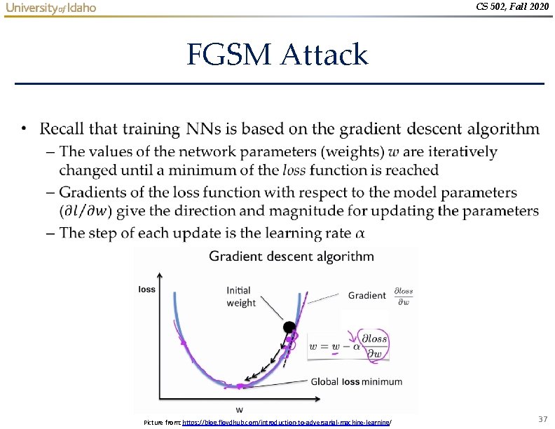 CS 502, Fall 2020 FGSM Attack • Picture from: https: //blog. floydhub. com/introduction-to-adversarial-machine-learning/ 37 CS 502, Fall 2020 FGSM Attack • Picture from: https: //blog. floydhub. com/introduction-to-adversarial-machine-learning/ 37